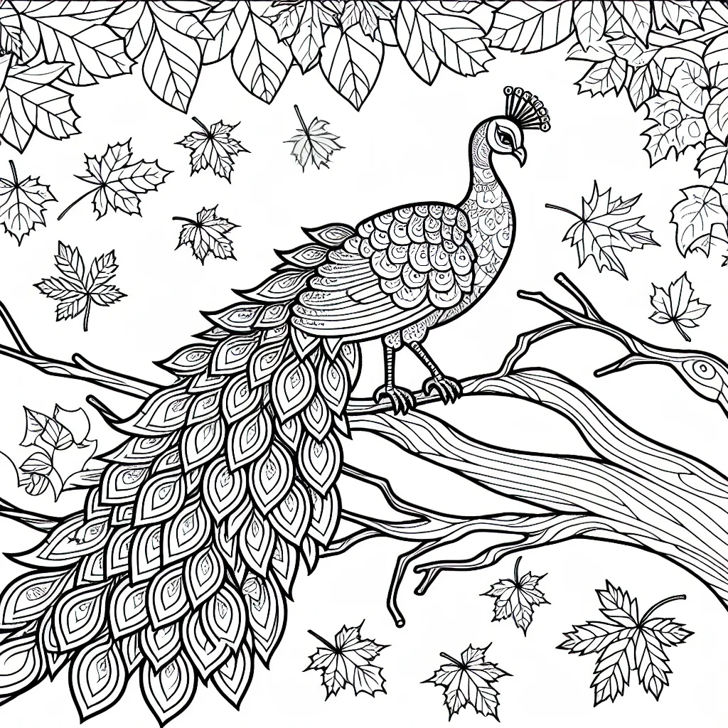 Imagine un paon majestueux avec des plumes multicolores se tenant sur une branche d'arbre entourée de feuilles d'automne.