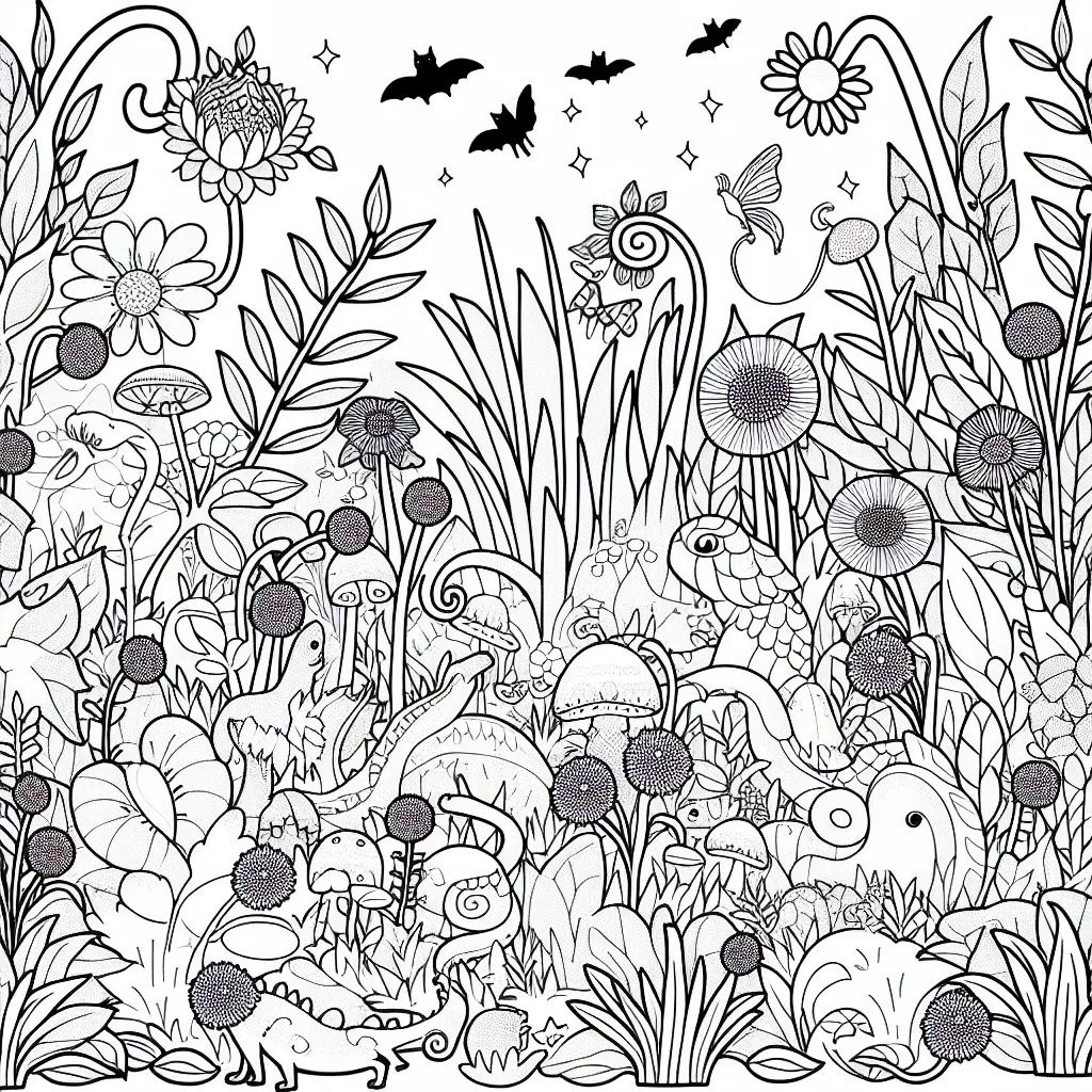 Un jardin magique peuplé de créatures fantastiques cachées derrière les plantes et sous les fleurs.