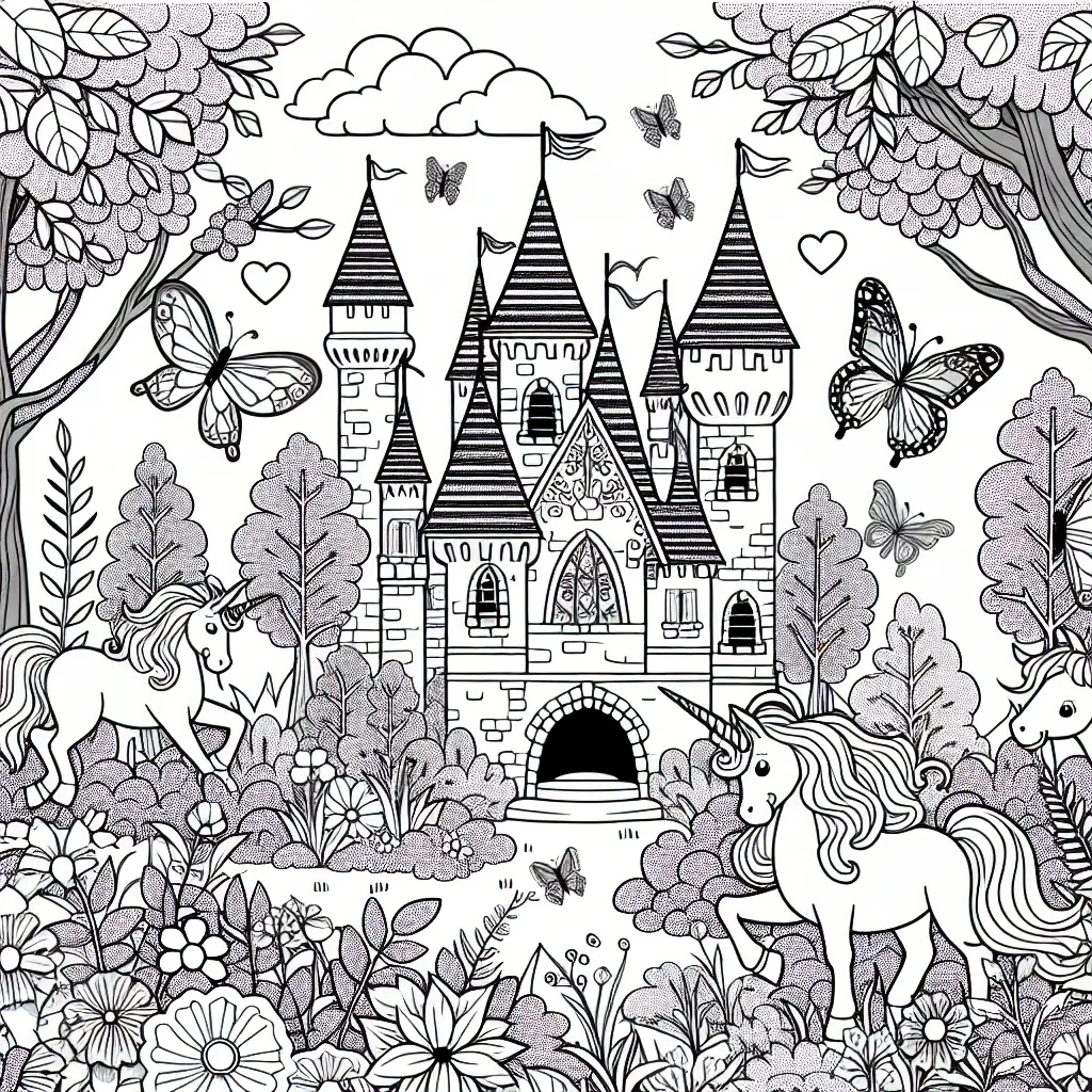 Un château des fées dans la forêt enchantée entouré de licornes et de papillons