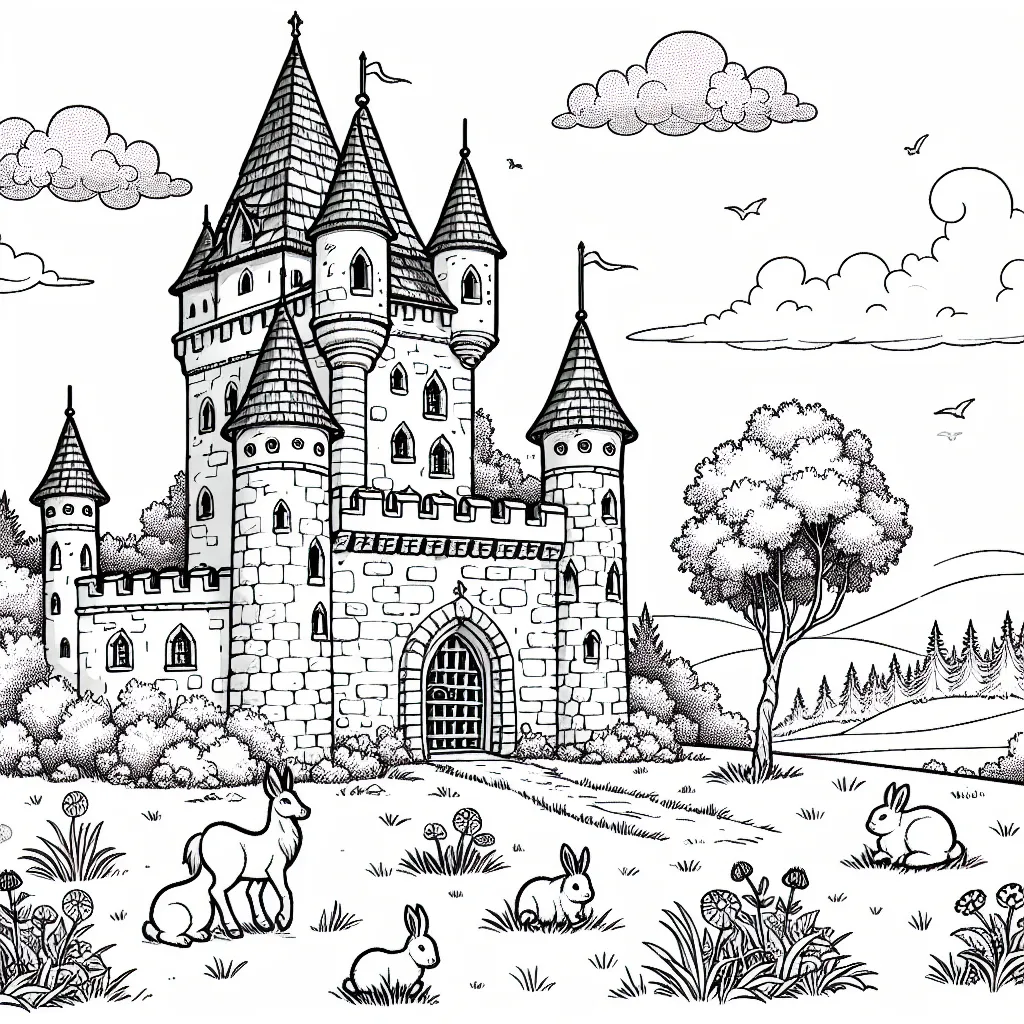 Une tour médiévale majestueuse nichée au cœur d'une prairie, entourée d'animaux de la forêt