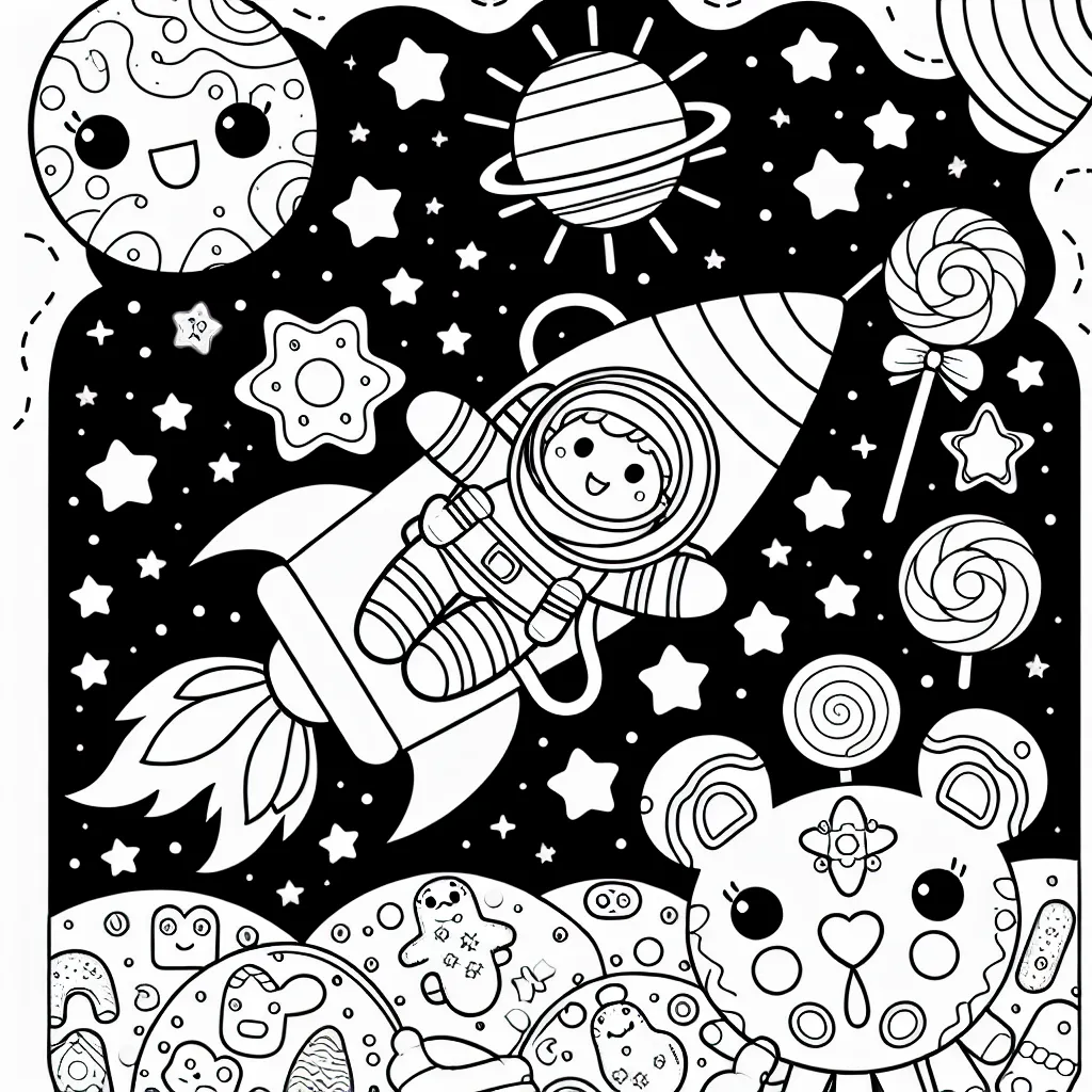 Un astronaute arc-en-ciel monte à bord d'une fusée aux motifs d'animaux, se préparant à décoller vers une planète bonbon peuplée de créatures en pain d'épice.