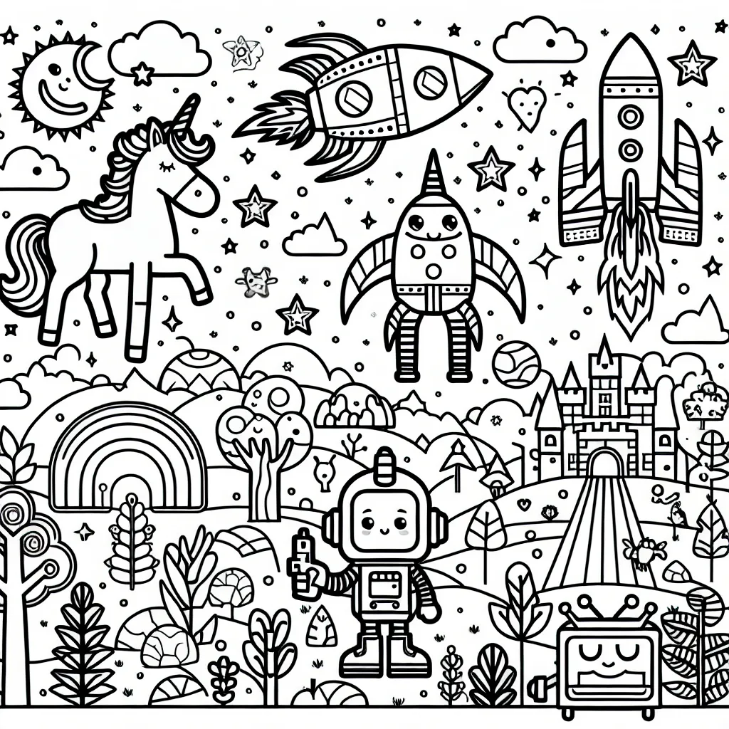 Crée un coloriage pour enfant aléatoire, varié et inventif à partir des mots suivants : licorne, fusée, jungle, château, robot.