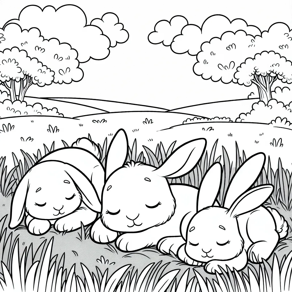 Dessine un groupe de lapins endormis dans une grande prairie