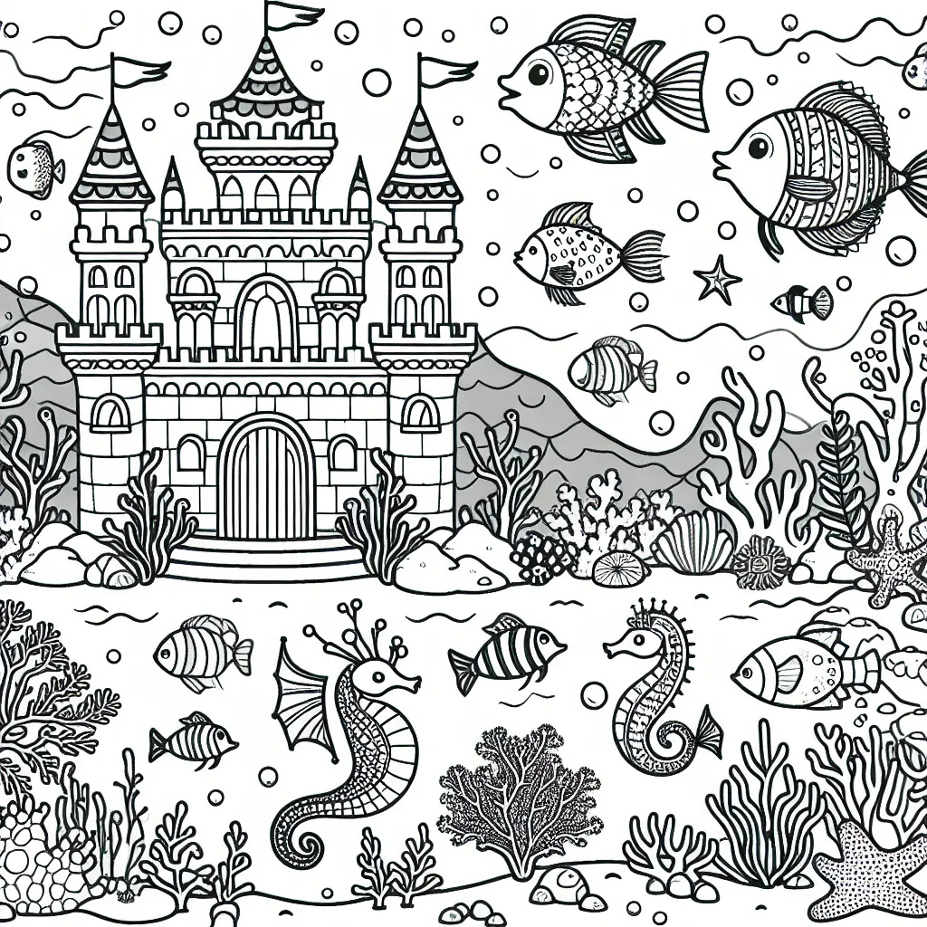 Un royaume sous-marin foisonnant de vie marine avec un palais de corail, un poisson-roi, une sirène, un trésor englouti et une variété de poissons colorés