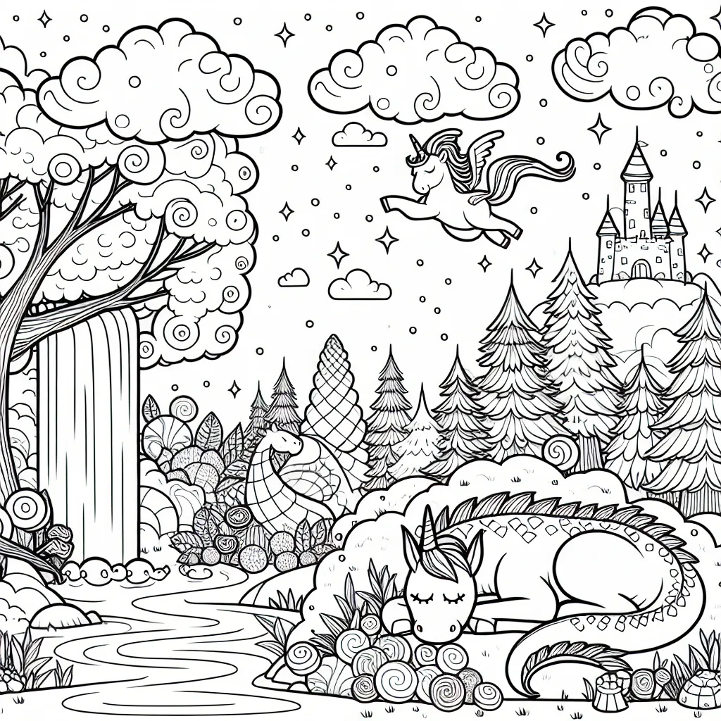 Imagine un paysage enchanté avec un dragon endormi sous un arbre, une licorne près d'une cascade, une forêt aux arbres de bonbons et un château flottant dans les nuages.