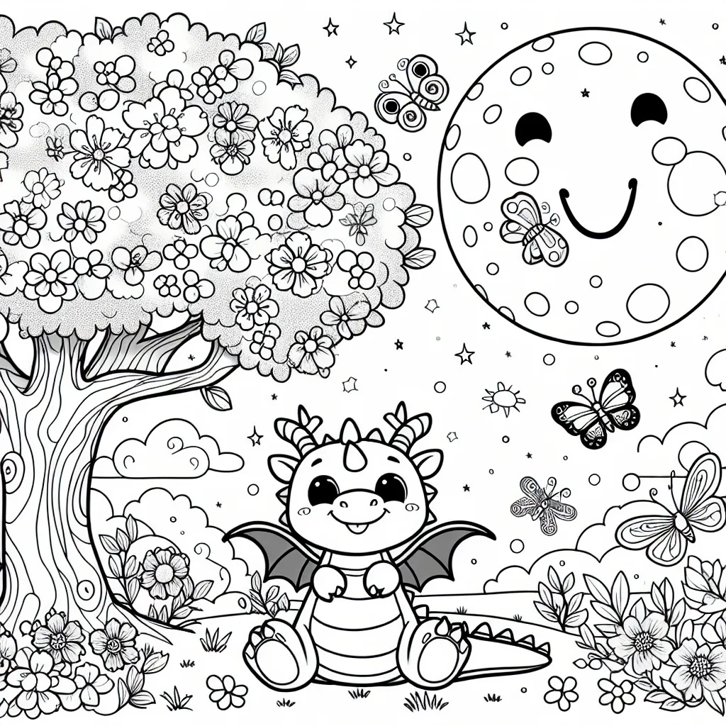 Un joyeux petit dragon amical reposant sous un arbre fruitier fleuri, entouré de papillons colorés et de petits animaux curieux en pleine nature. Le ciel doit être parsemé d'étoiles scintillantes et de nuages doux, avec une grande lune souriante au centre.