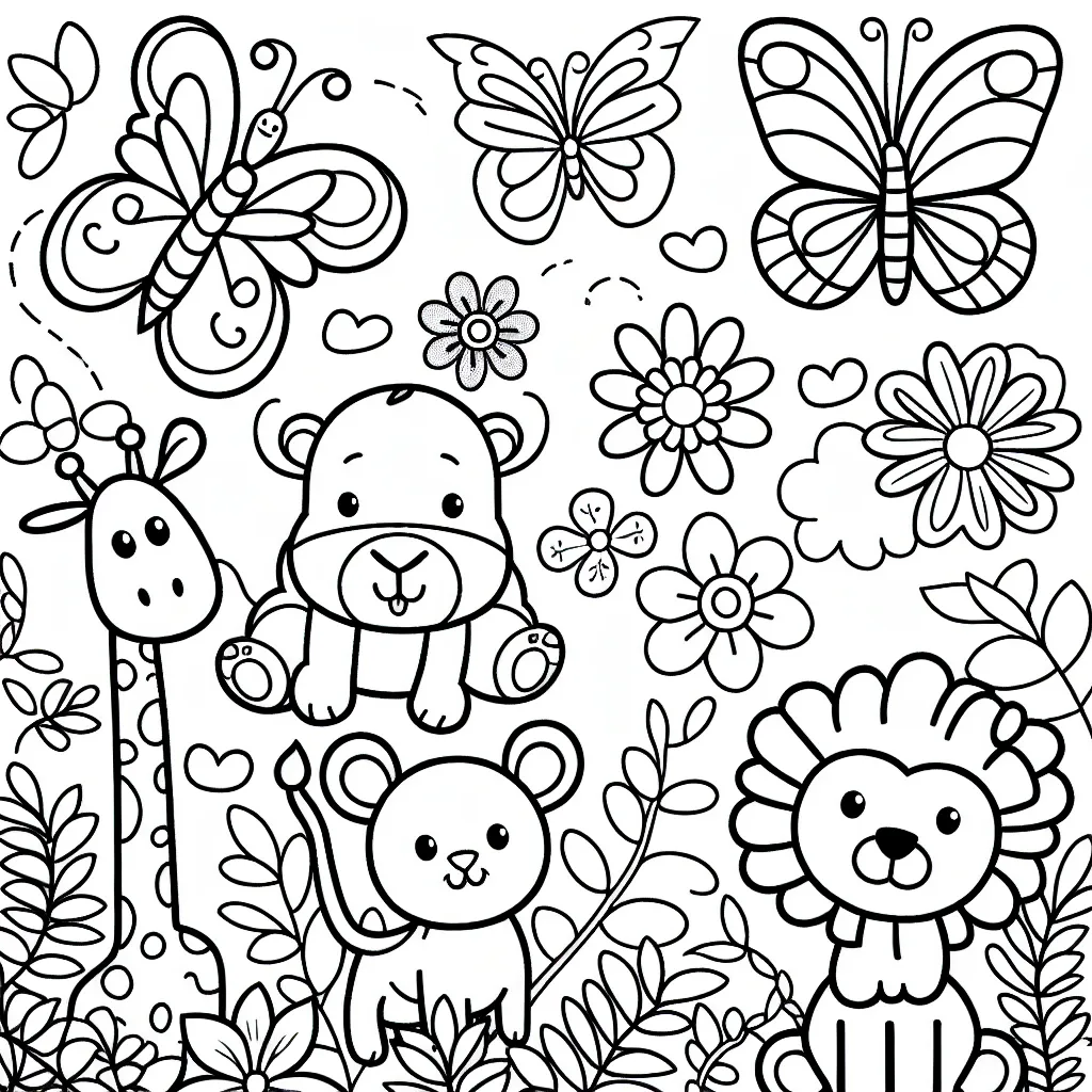 Des animaux de la jungle amusants avec un papillon volant et des fleurs aux couleurs vives à l'arrière-plan