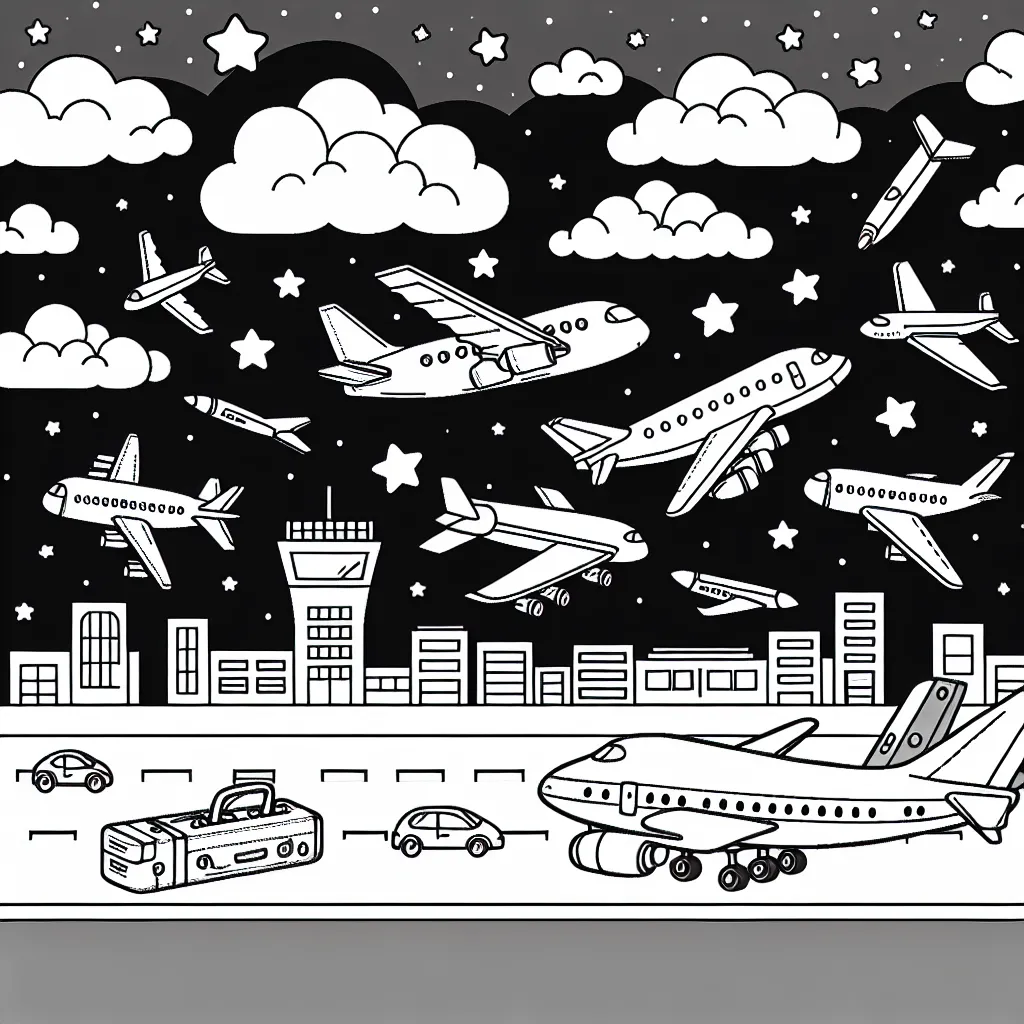Une scène amusante du monde de l'aviation, avec différents types d'avions dans un ciel étoilé au-dessus d'un aéroport animé.