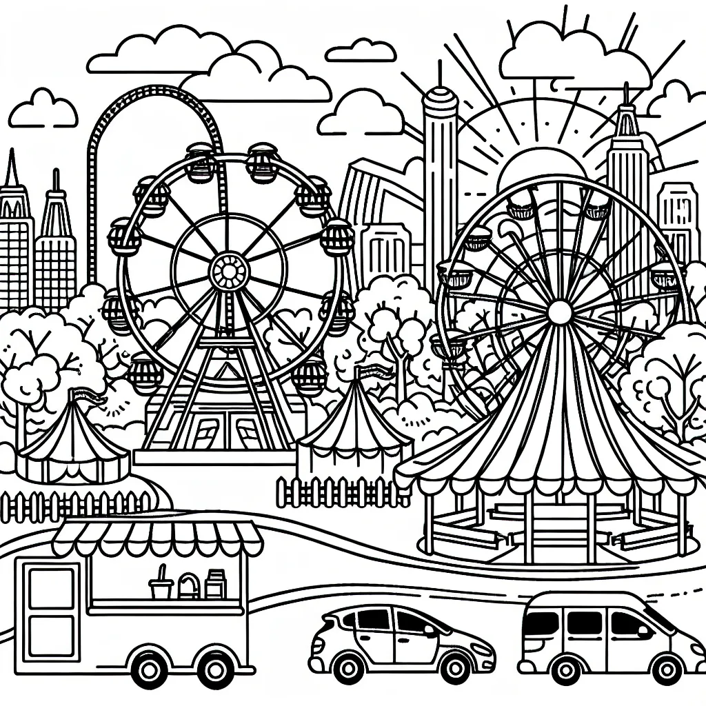 Image d'un parc d'attractions en plein jour avec une grande roue, des montagnes russes et des stands de nourriture à colorier