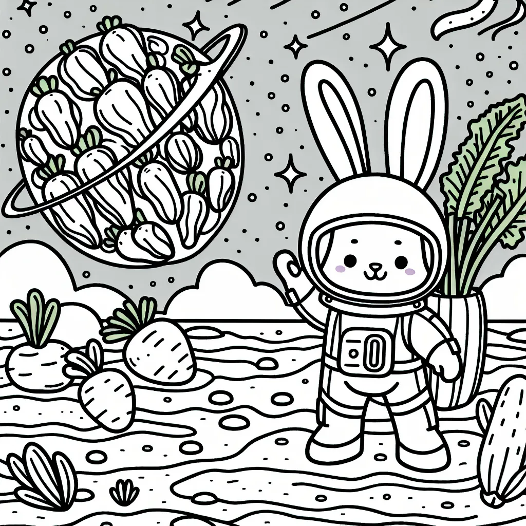 Un lapin astronaute explorant une planète de légumes géants