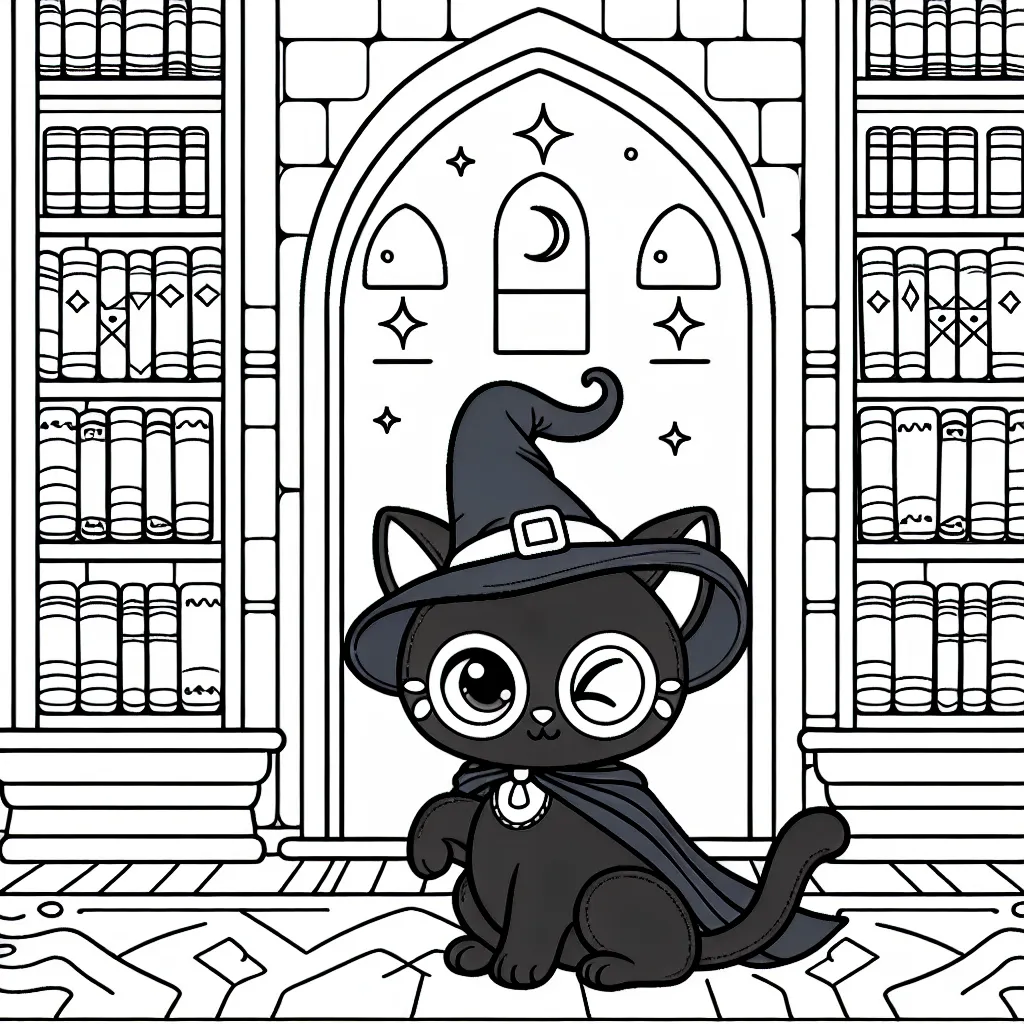 Un espion chat noir avec une cape bleue et un chapeau de sorcier dans une bibliothèque enchantée