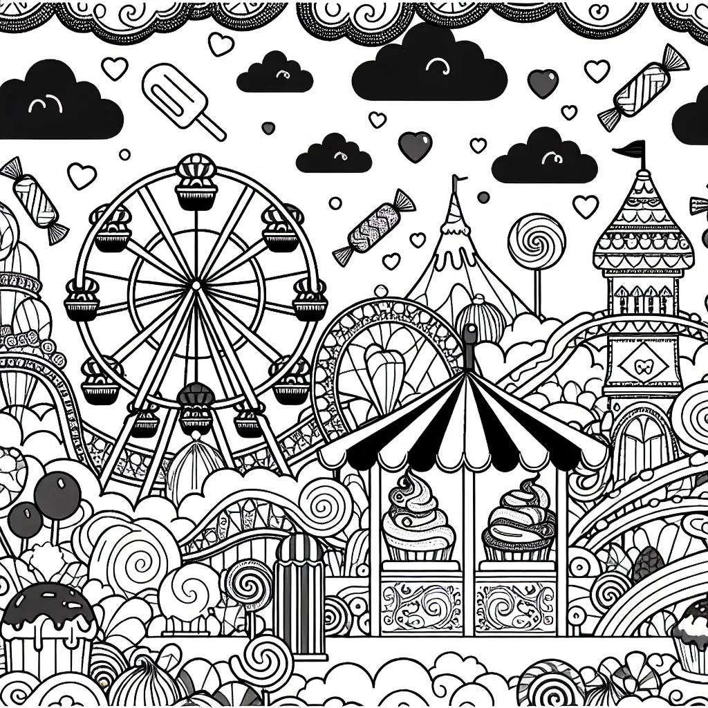 Un parc d'attractions magique avec des montagnes russes en bonbon, une grande roue en sucette et des kiosques de crème glacée aux chocolats volants.