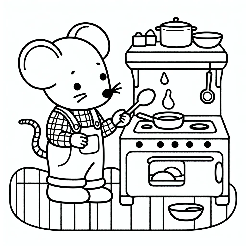Une petite souris en salopette, occupée à cuisiner dans sa cuisine miniature.