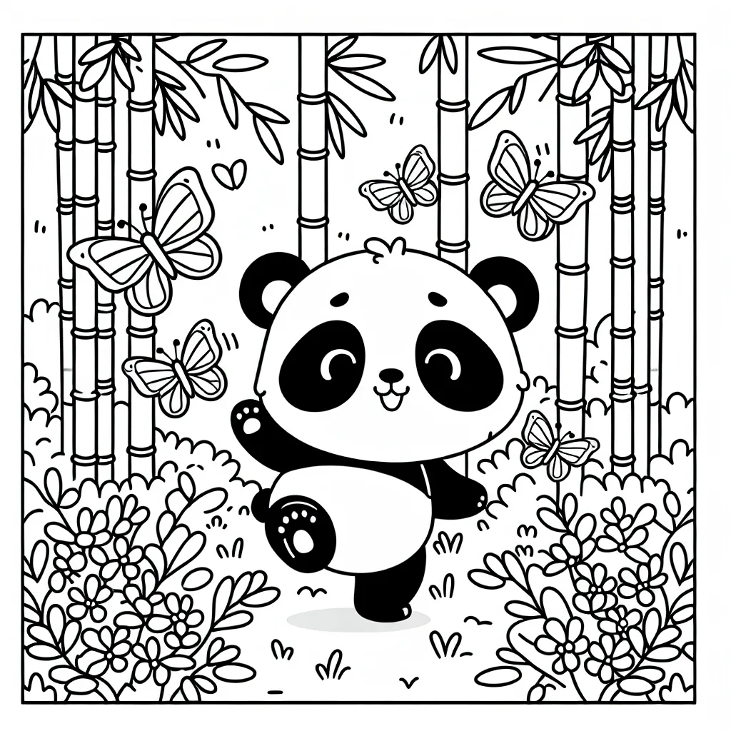 Un petit panda qui joue avec des papillons dans une forêt de bambous enchantée