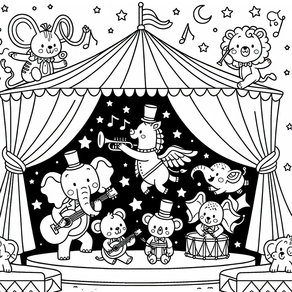 Un cirque magique avec des animaux drôles jouant des instruments de musique sous un grand chapiteau étoilé