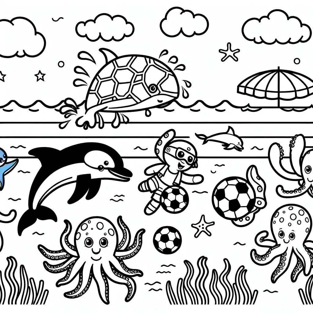 Imagine créer une scène de plage animée avec des animaux marins qui jouent au football