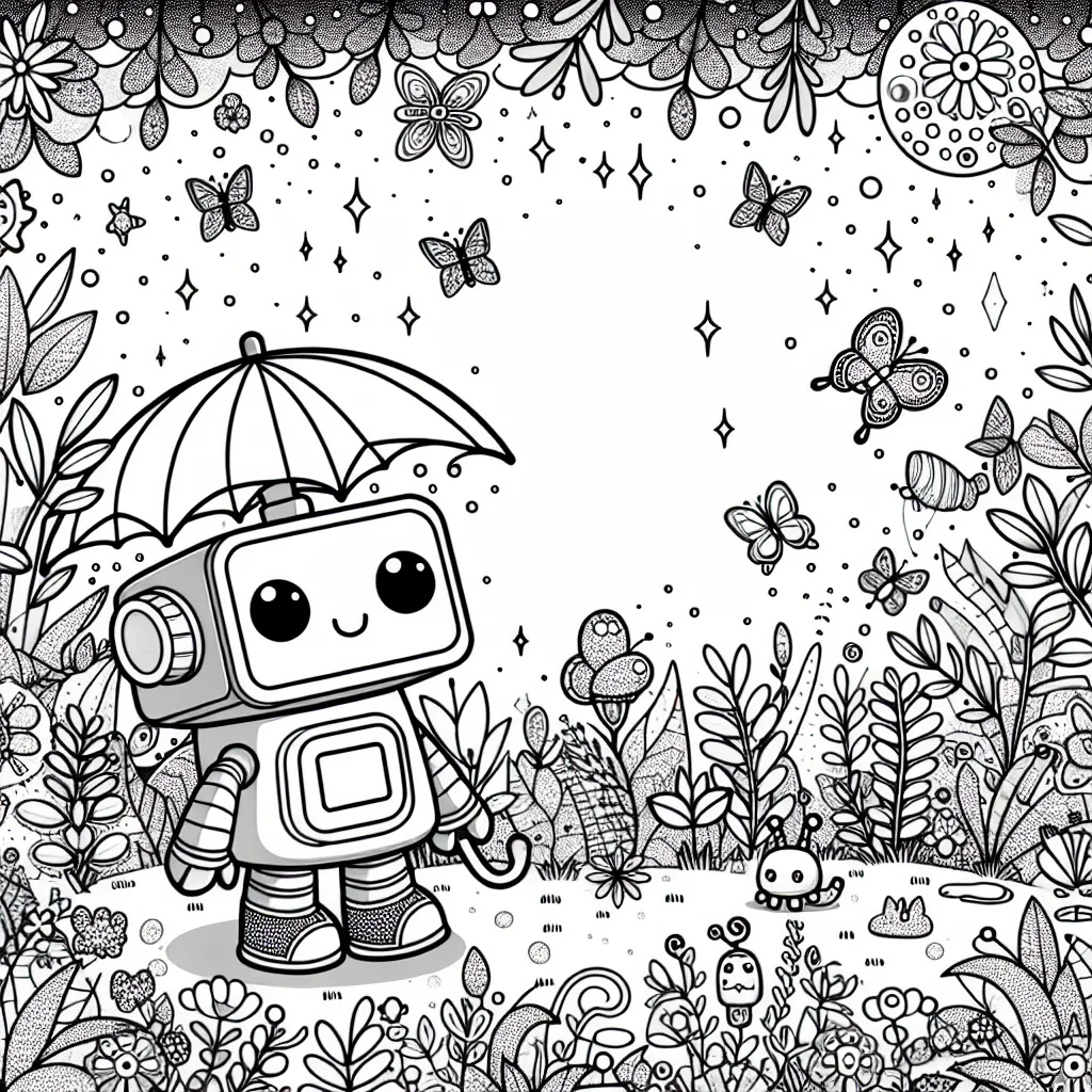 Un petit robot amical, tenant un parapluie, se promène dans un jardin magique rempli de plantes exotiques, de papillons étincelants et de petits animaux mignons.