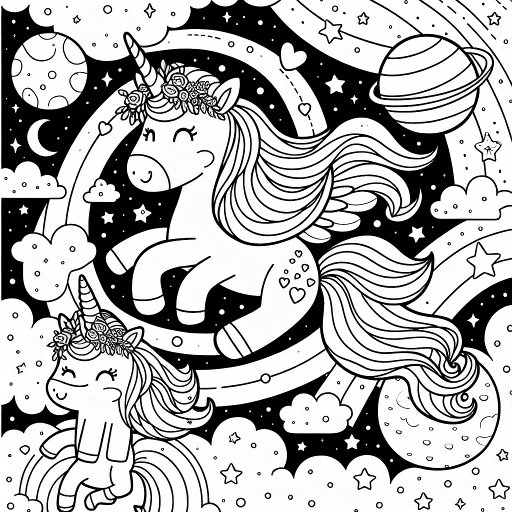 Créer un coloriage pour enfant avec des licornes dans un univers spatial fantastique