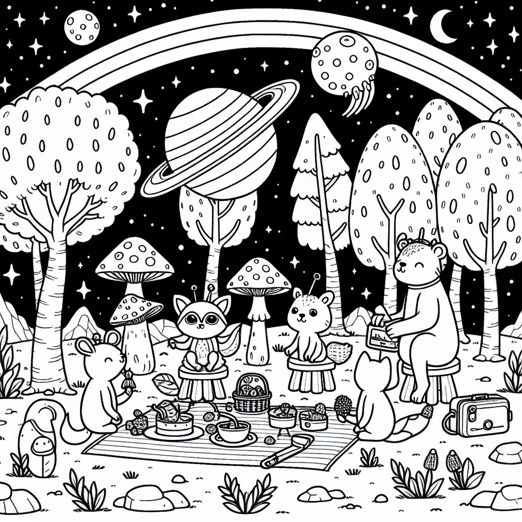 Sur une jolie planète lointaine, un groupe d'animaux de la forêt en train de préparer un pique-nique sous un arc-en-ciel. Autour d'eux, des champignons extraterrestres brillant de mille feux.