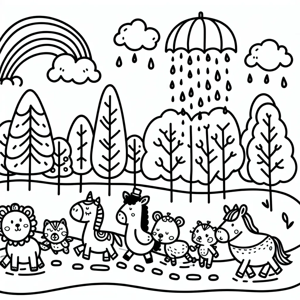 Un jour de pluie avec une ribambelle d'animaux dans la forêt
