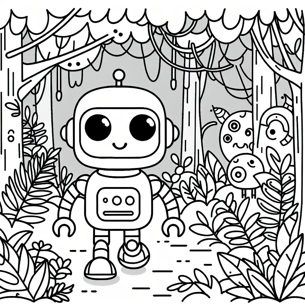 Un robot amical parcourant une jungle mystérieuse, peuplée de créatures magiques.