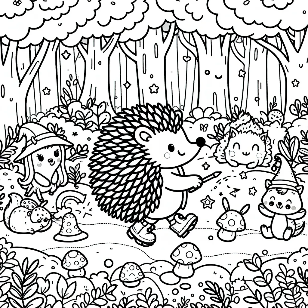 Un hérisson part à l'aventure à travers la forêt enchantée, remplie d'animaux amicaux et de plantes magiques.