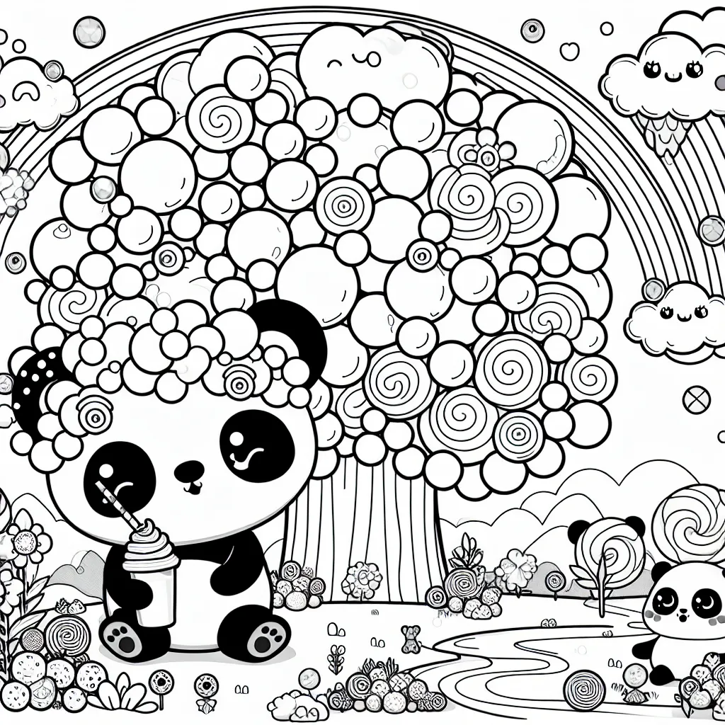 Dans le royaume fantastique de Bubblesland, de nombreuses créatures mignonnes et amusantes vivent en harmonie. Parmi eux, PomPom le panda magique, qui vit dans un grand arbre à bulles multicolores. De plus, une rivière de limonade bleu ciel coule à proximité, et des nuages de bonbons flottent dans l'air. Pouvez-vous donner vie à ce royaume merveilleux avec vos couleurs préférées?