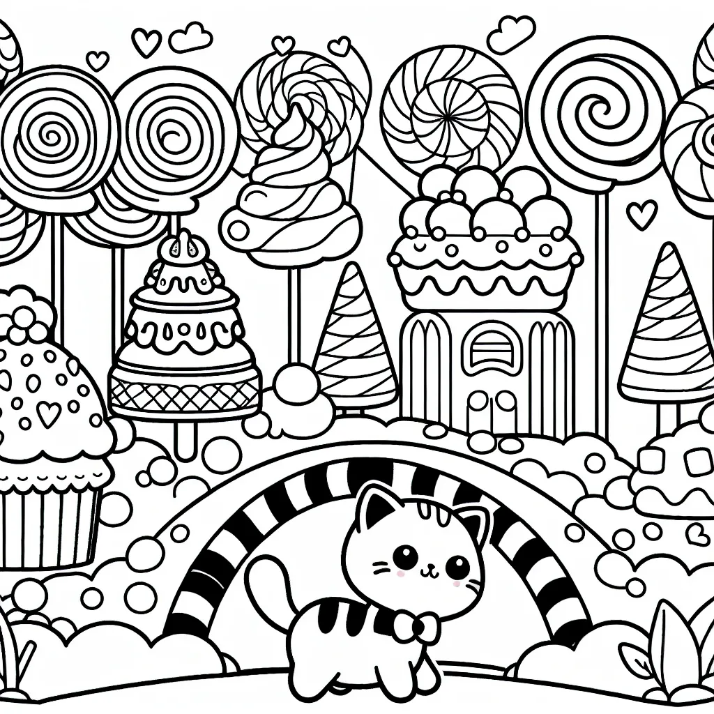 Un petit chat curieux explore le pays des bonbons, rempli d'arbres en lollipop, de maisons gâteau et de rivières de soda. Il y a même un pont en guimauve !