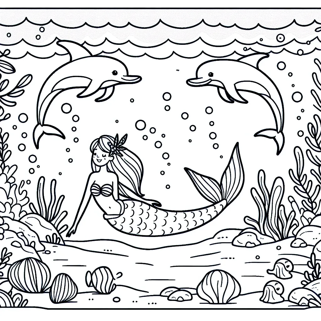Imaginer un paysage magique sous l'océan avec une sirène qui joue avec des dauphins.