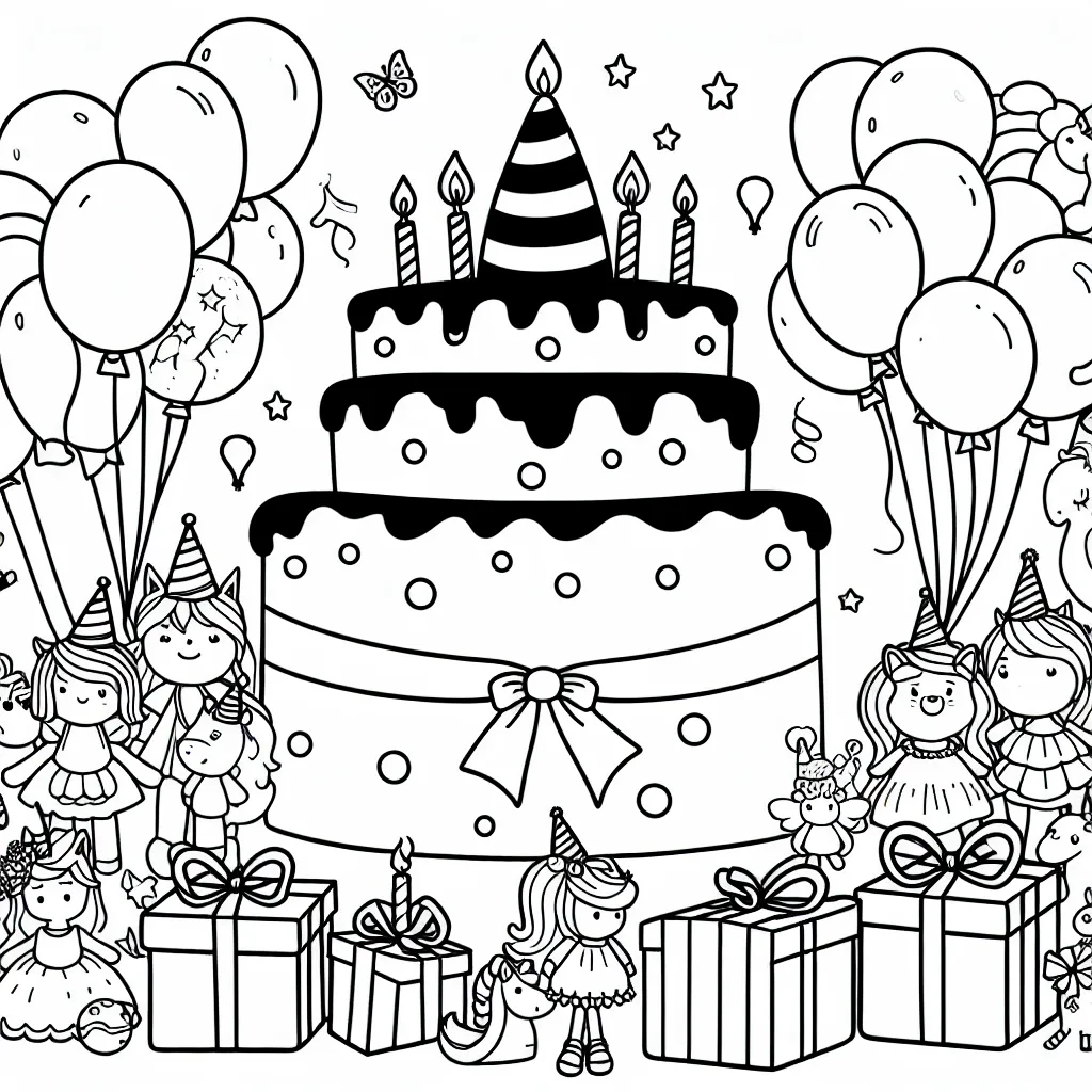 Un gâteau d'anniversaire gigantesque entouré de personnages de contes de fées, de ballons multicolores et de cadeaux merveilleusement emballés.