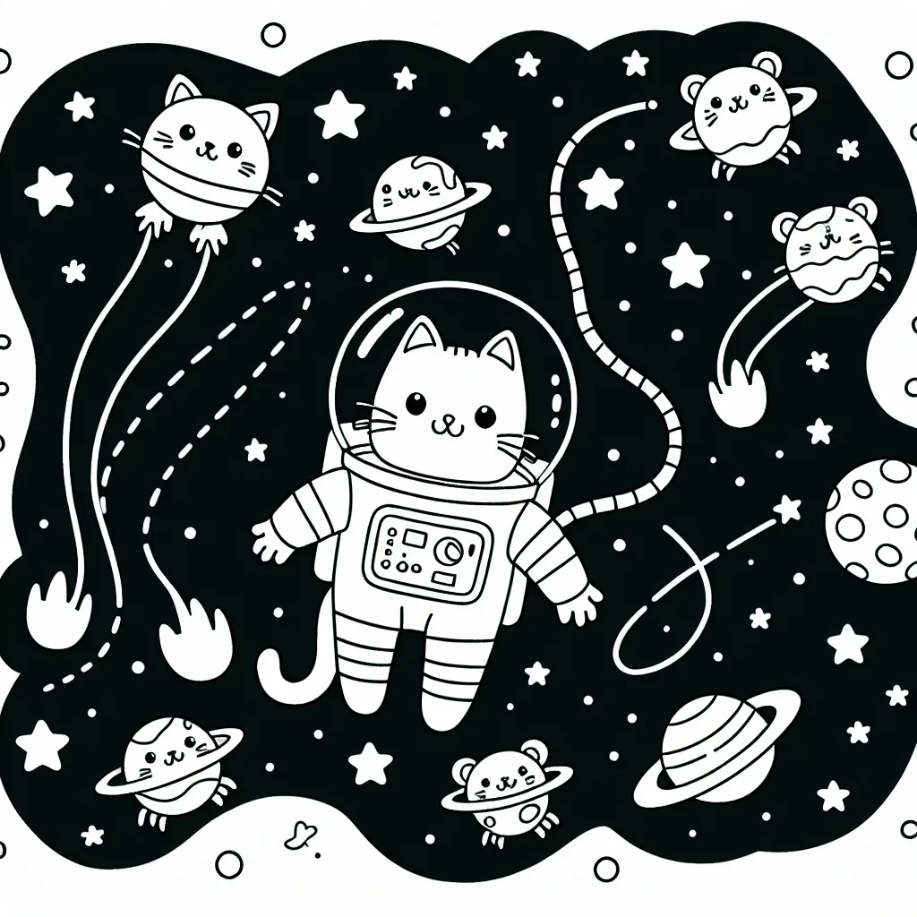 Dessine un astronaute chat flottant dans l'espace, entouré de planètes félines amusantes, étoiles filantes et satellites en forme de souris.