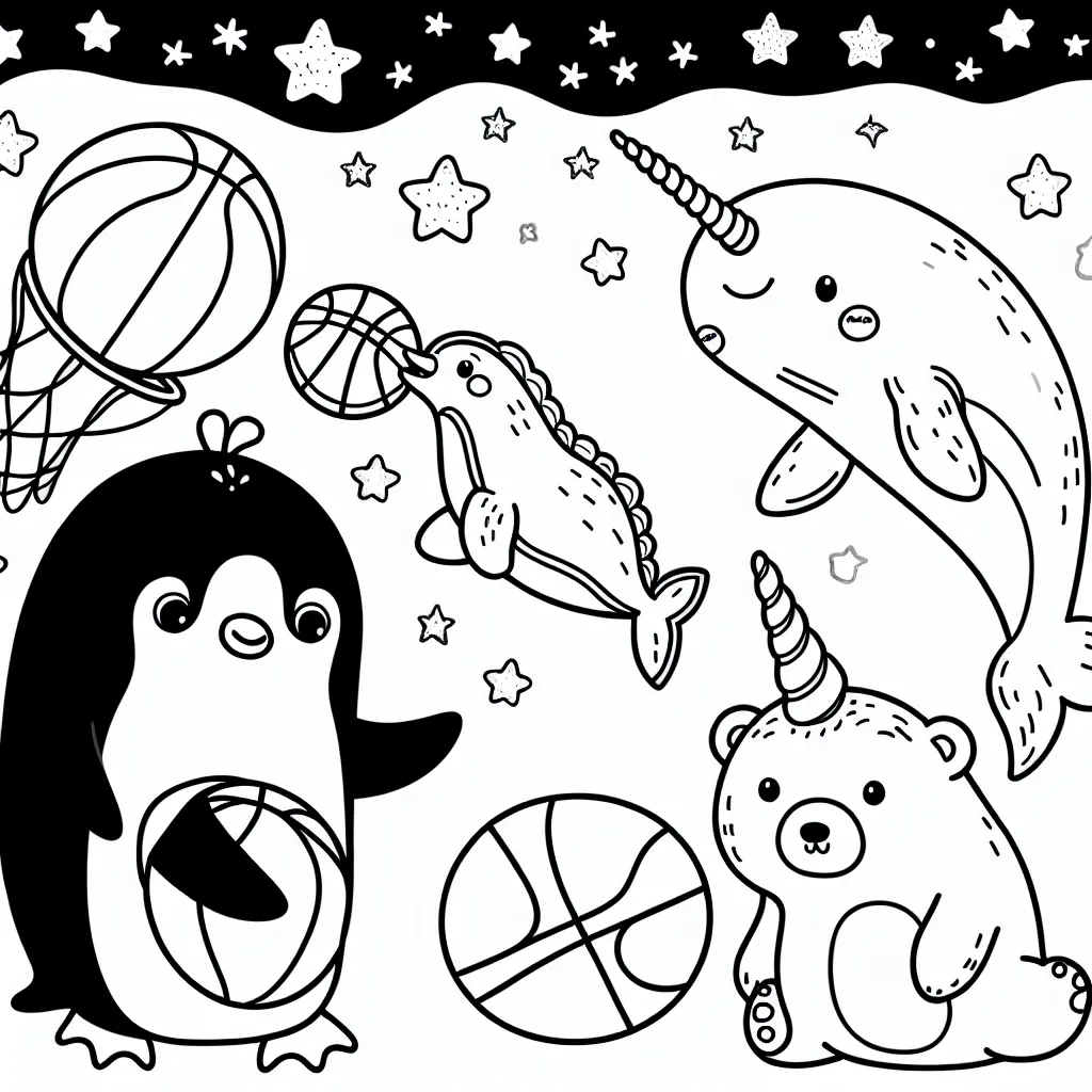 C'est l'heure de la récréation dans le monde fantastique des animaux. Dessine un pingouin qui joue au basket avec ses amis les ours polaires pendant qu'un narval sert de balle.