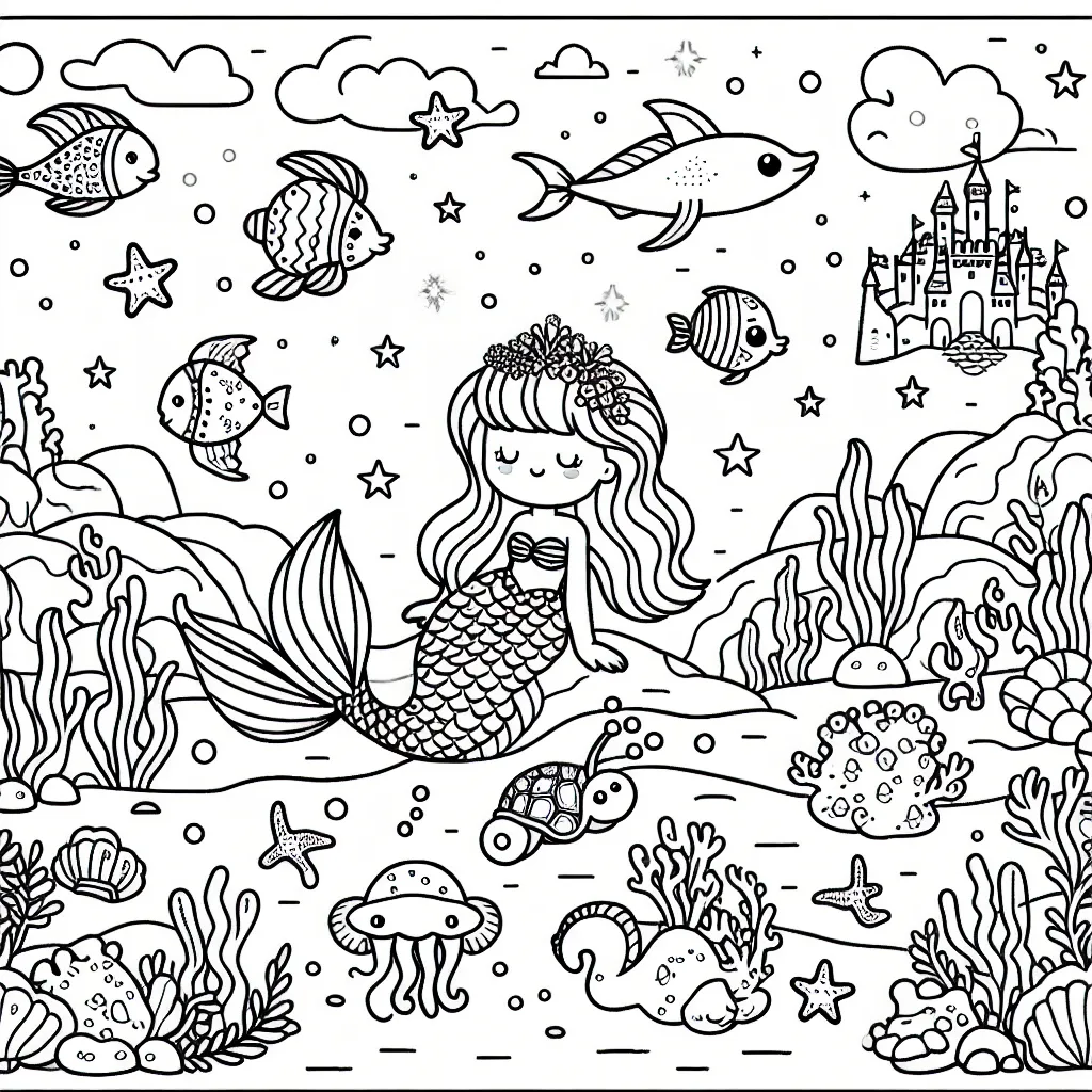 Une scène magique du royaume sous-marin avec les créatures marines et une sirène