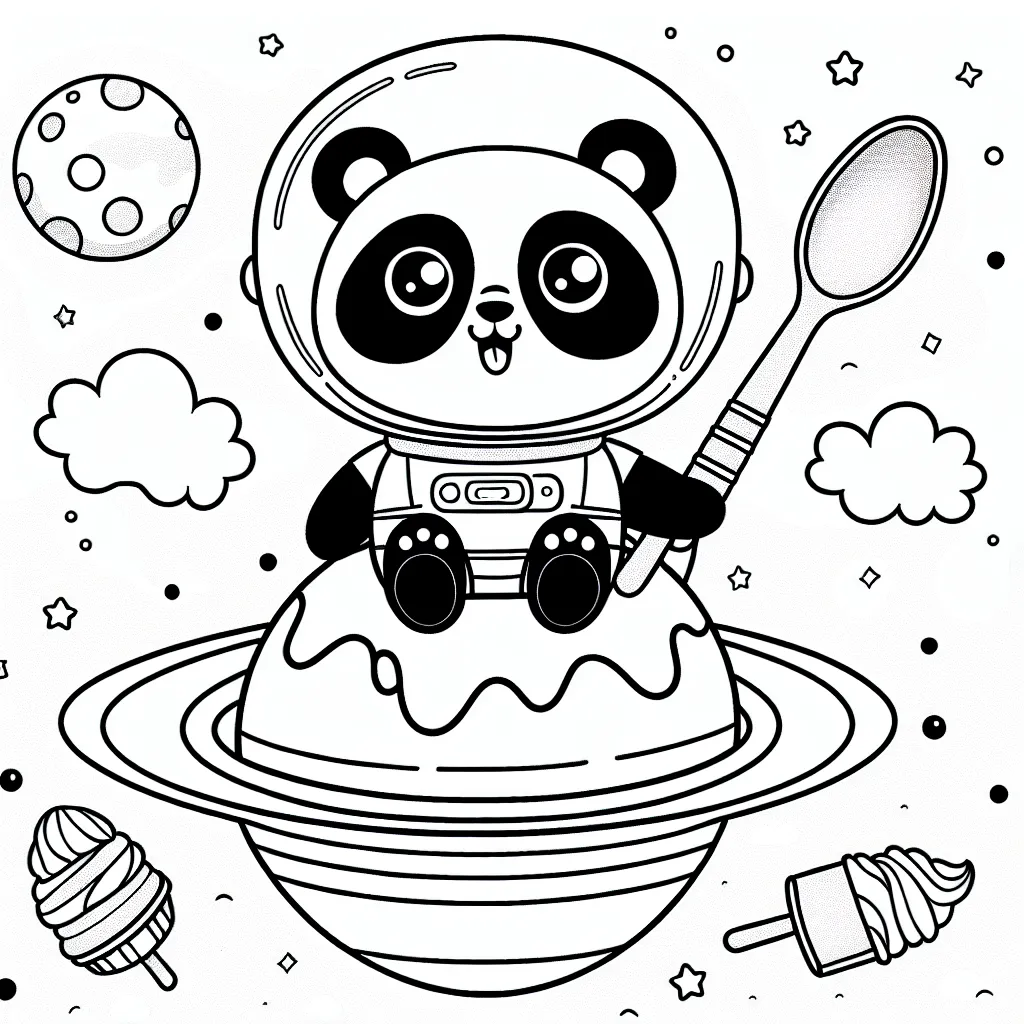 Un panda astronaute sur une planète de glace-cream avec une cuillère géante