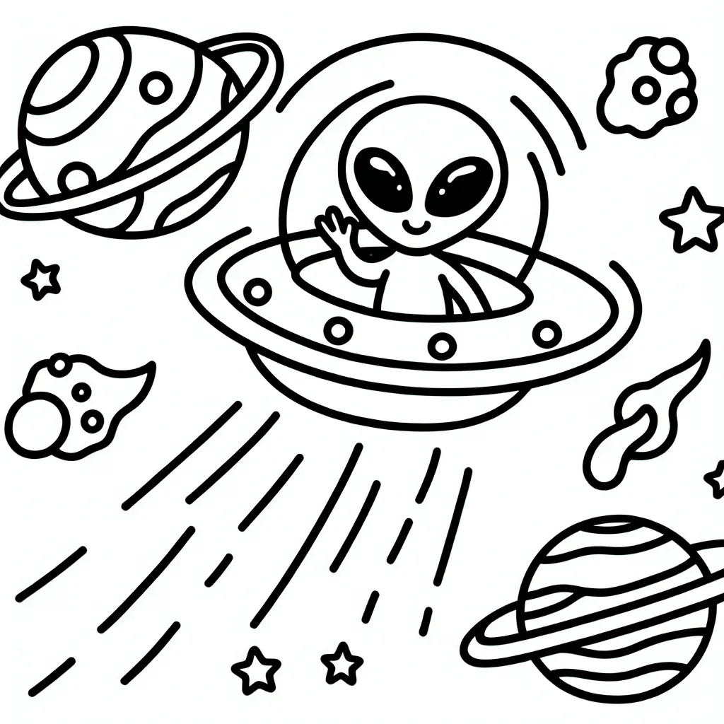 Un joyeux petit extraterrestre qui traverse l'univers dans sa soucoupe volante colorée, saluant les comètes et les planètes en chemin.