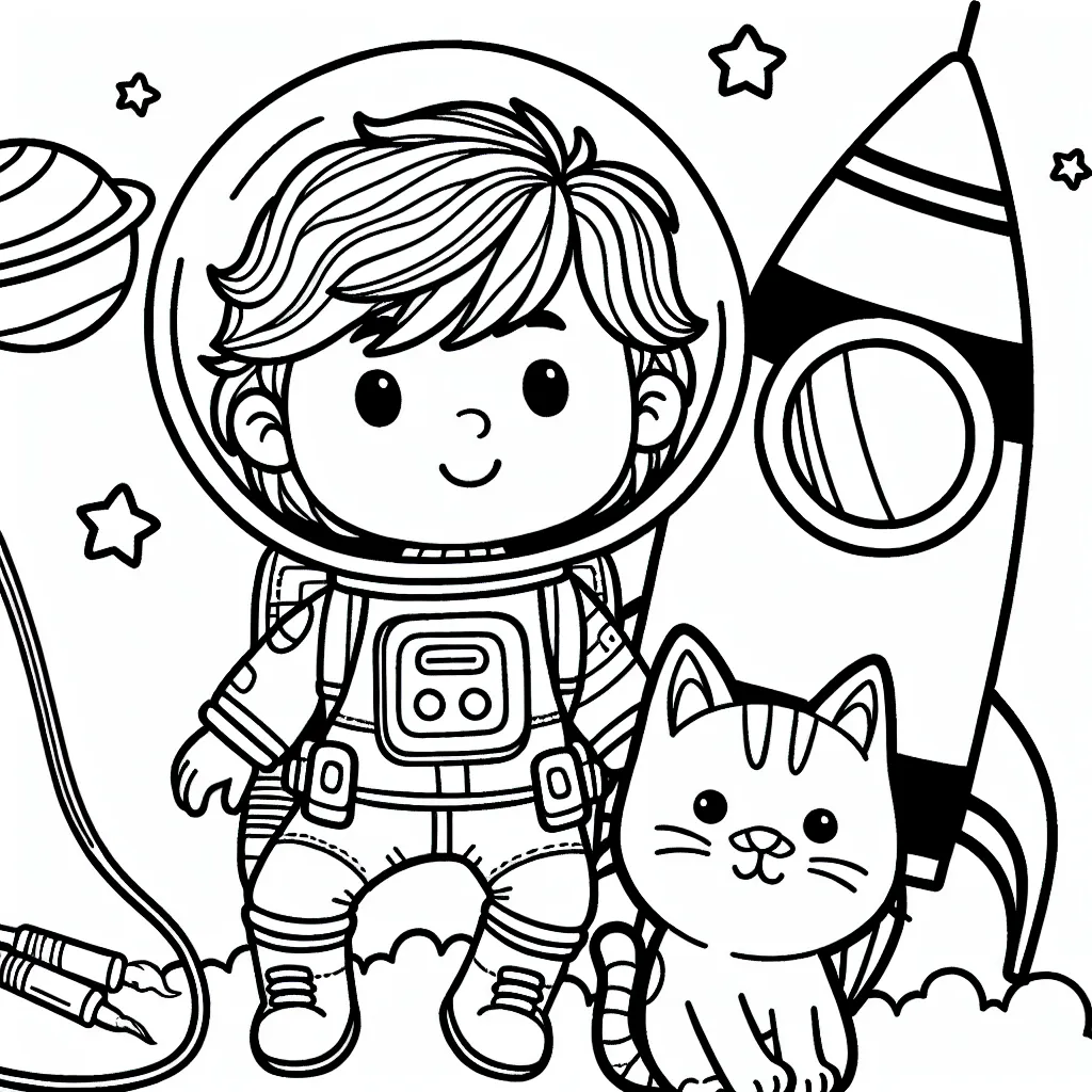 Un jeune astronaute avec un petit chat allant à la découverte de planètes exotiques dans une fusée