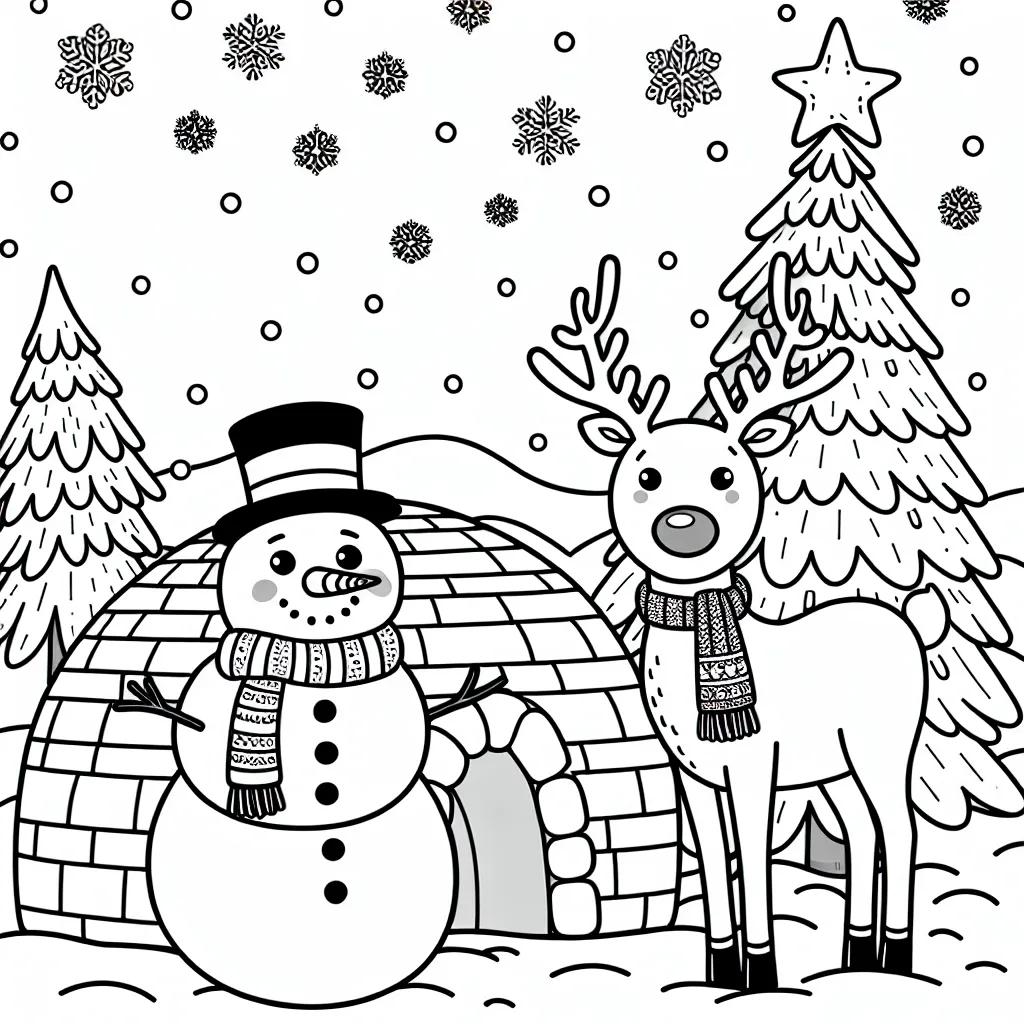 Dans un paysage enneigé, un petit igloo se tient à côté d'un sapin décoré. Un bonhomme de neige souriant porte un chapeau haut-de-forme et une écharpe multicolore. Des flocons de neige tombent doucement. Un renne à gros nez rouge et à grande cornes lève légèrement une de ses pattes alors qu'il se tient à droite de l'image, semblant regarder le bonhomme de neige.