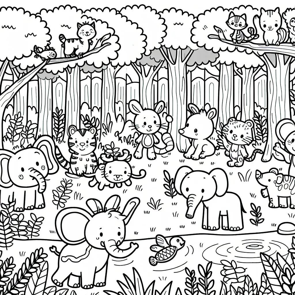 Feuille de coloriage mettant en scène une ribambelle d'animaux en train de jouer à cache-cache dans une forêt luxuriante.