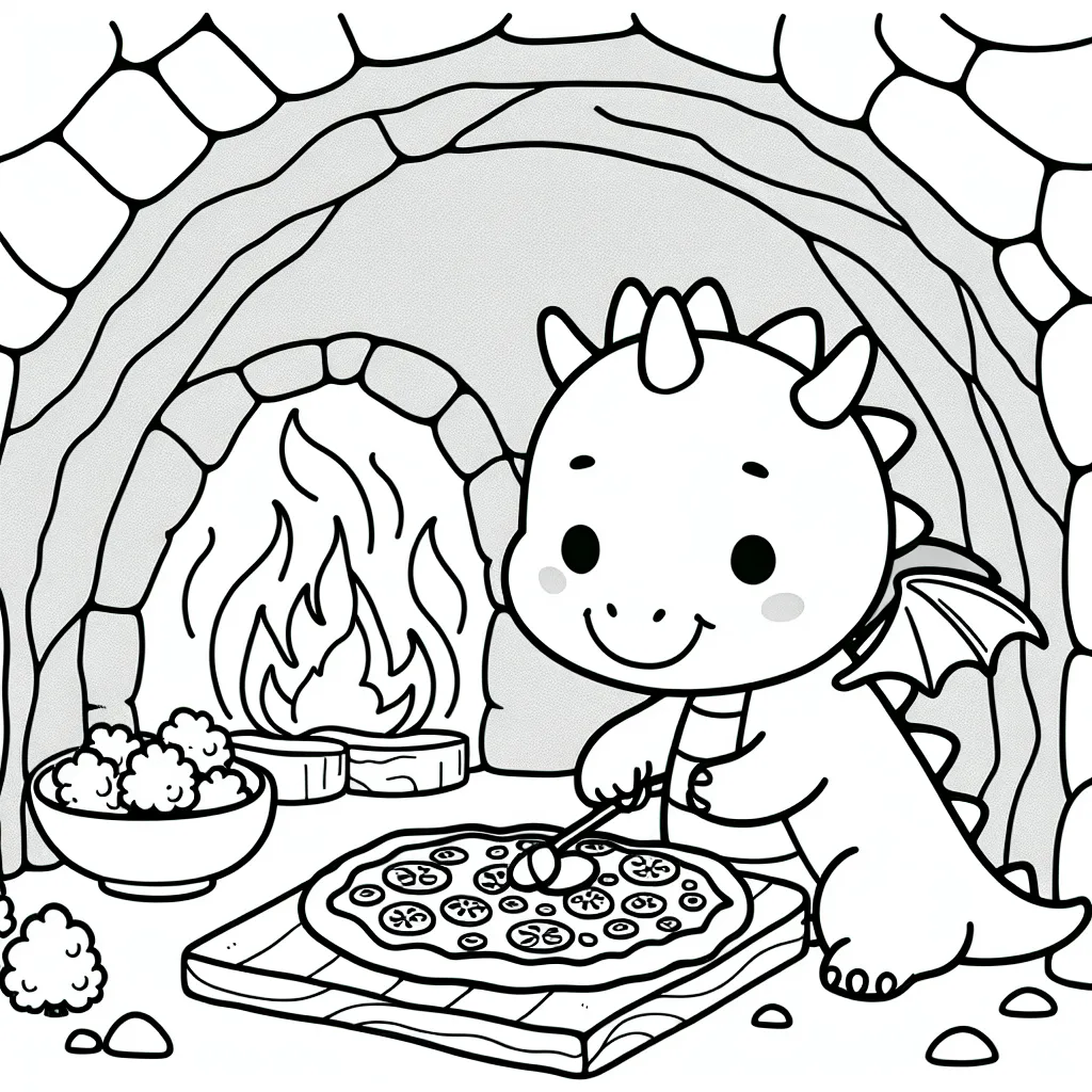 Un dragon gentil qui prépare une pizza aux légumes dans sa grotte