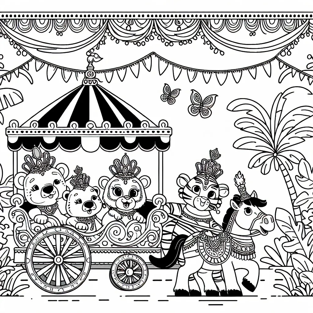 Imagine un carnaval avec des animaux de la jungle défilant dans des chariots ornés et décorés.