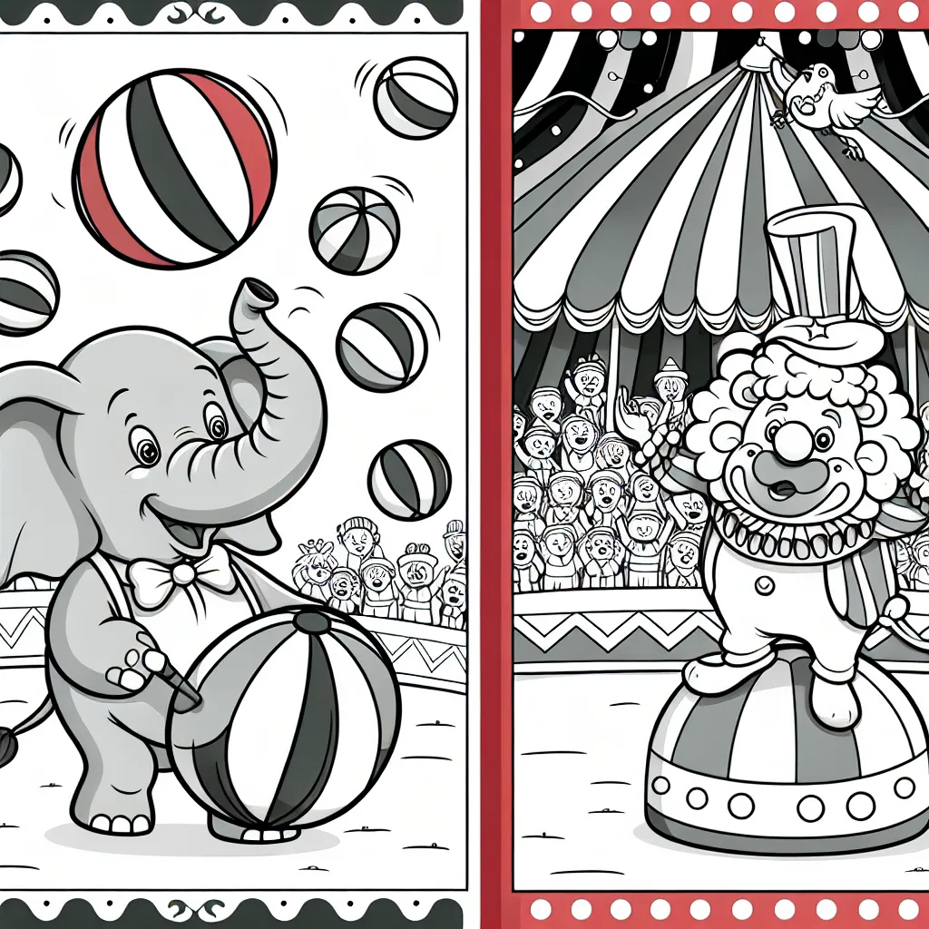 Sur la scène d'un cirque animé, un éléphant jongle avec des boules colorées tout en dansant sur une grande boule. À côté, un clown amusant s'amuse avec un grand lion qui fait des acrobaties, et en arrière-plan, on voit un chapiteau de cirque rouge et blanc avec des spectateurs excités.