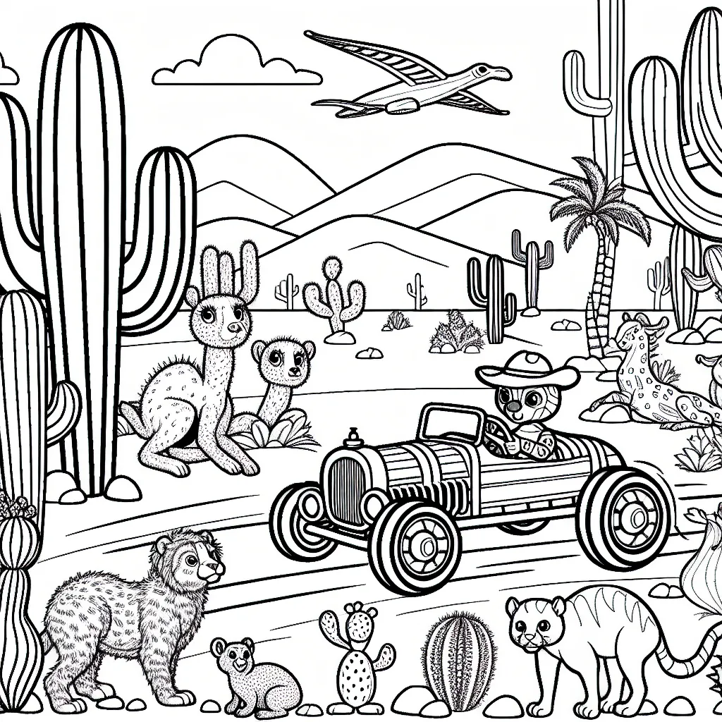 Imagine une course de voiture dans le désert, des cactus de toutes les formes et des animaux exotiques tout autour. Donne vie à cette scène avec tes couleurs préférées!