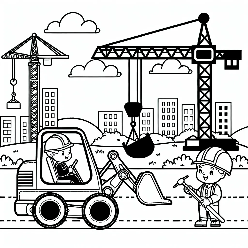 Une scène de chantier avec un bulldozer, une grue et un chef de chantier en casque de sécurité.
