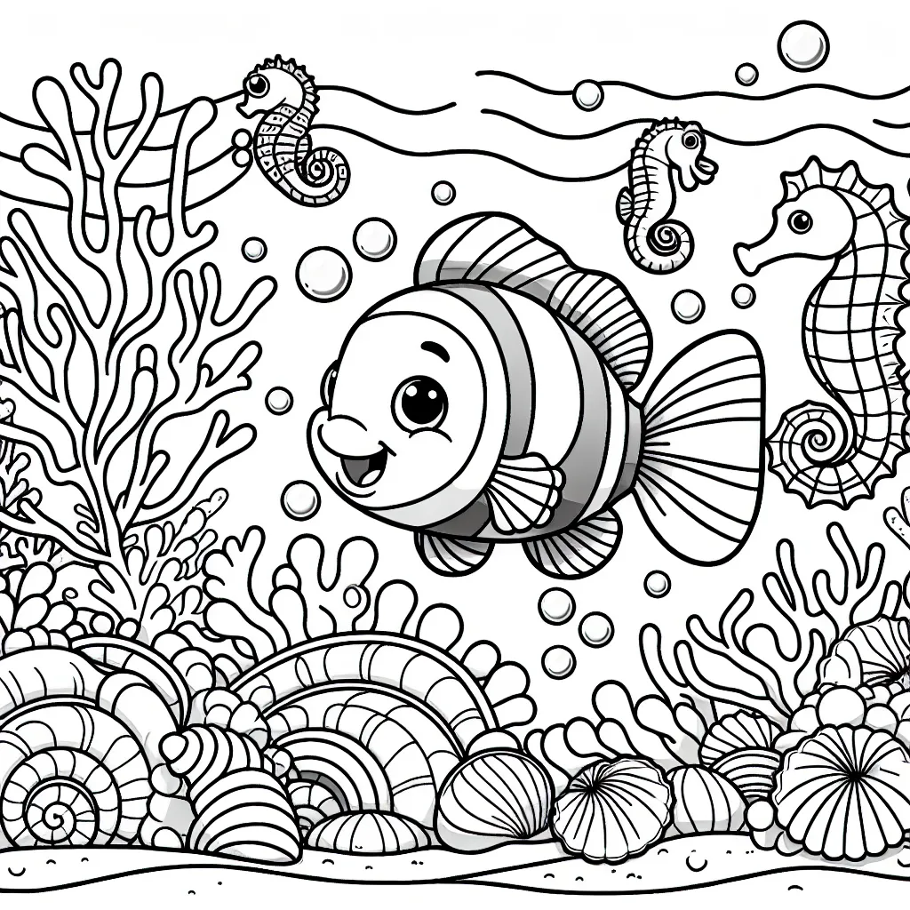 Imagine un petit poisson clown qui nage joyeusement avec ses amis les hippocampes dans un splendide récif corallien aux mille couleurs. De nombreuses coquilles d'escargots de mer ornent les fonds marins. Il y a aussi des bulles d'air qui montent vers la surface depuis les profondeurs du récif.