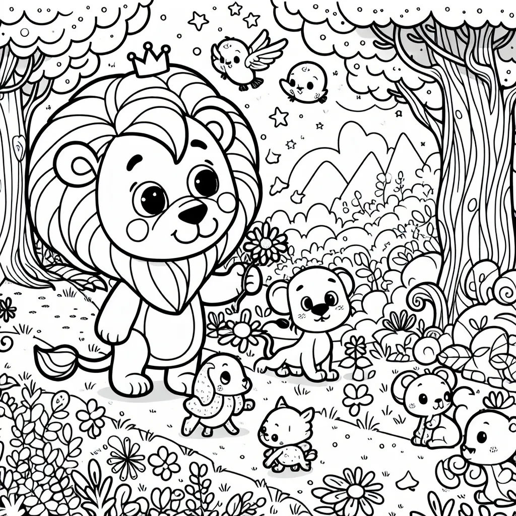 Au cœur des rêves magiques, Léo le petit lion s'aventure avec ses amis animaux à travers la forêt enchantée pour trouver le trésor perdu. Aide Léo à ramener le trésor en ajoutant vos couleurs préférées à la scène.