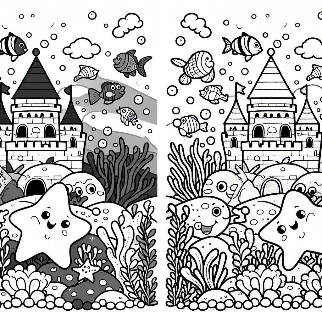 Un monde sous-marin animé avec des créatures colorées, des étoiles de mer souriantes et un banc de poissons joyeux nageant autour d'un château de corail lumineux.