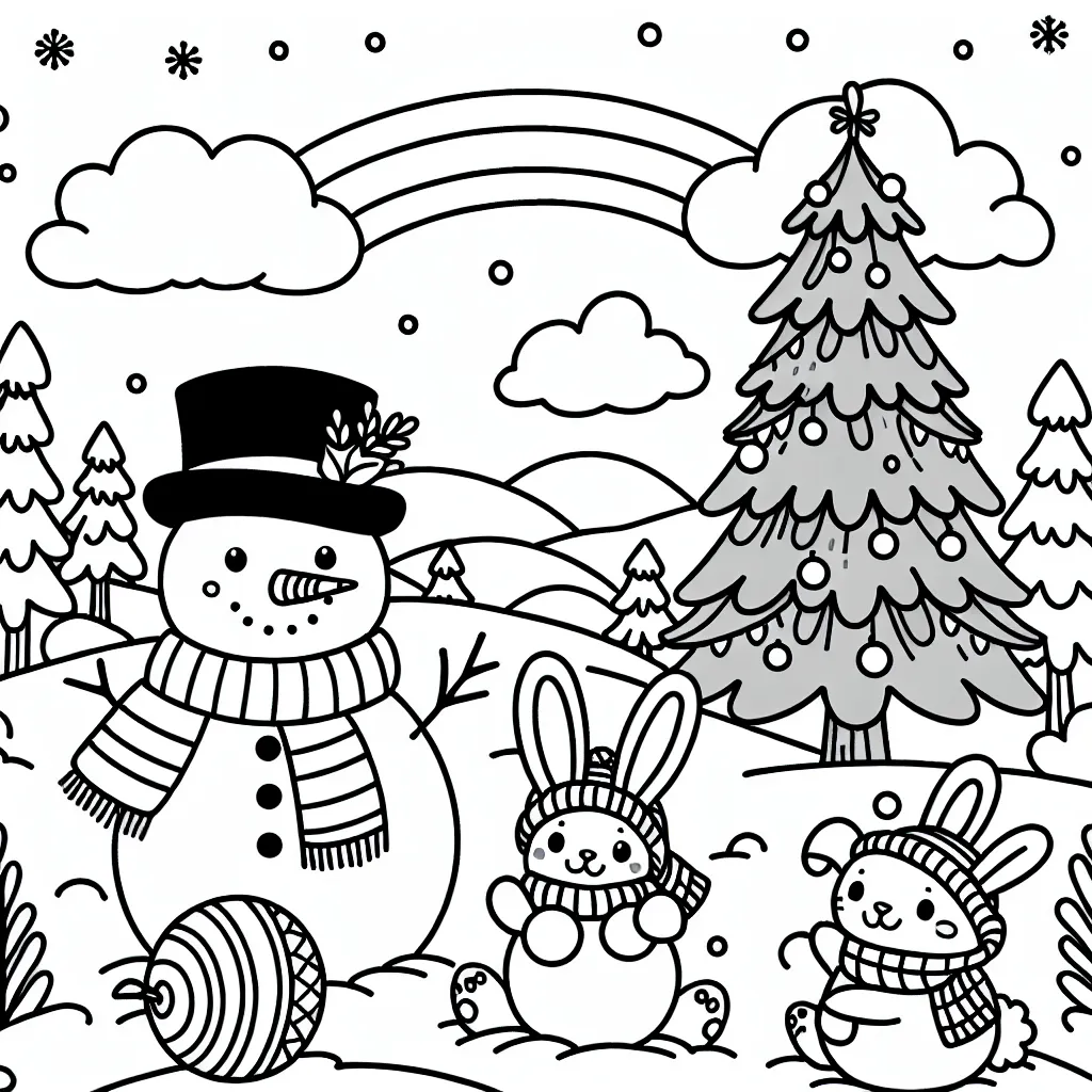 Imagine un paysage hivernal avec un bonhomme de neige portant une écharpe arc-en-ciel et une famille de lapins vêtus de hauts de forme qui jouent aux boules de neige autour d'un grand sapin décoré.