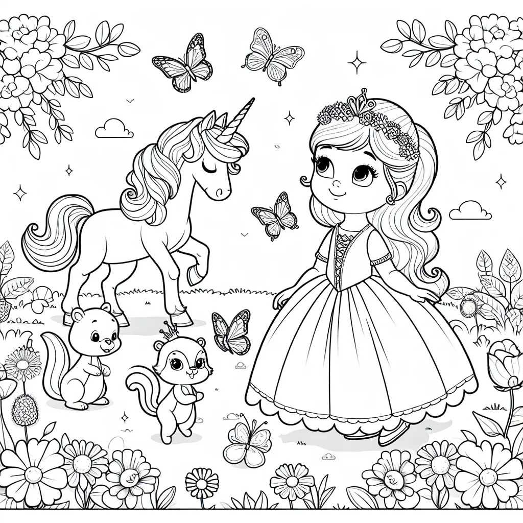 Un beau jour au royaume des rêves, une jeune princesse se promène dans un magnifique jardin de fleurs, accompagnée de ses amis les animaux : des papillons, un écureuil et même une licorne !