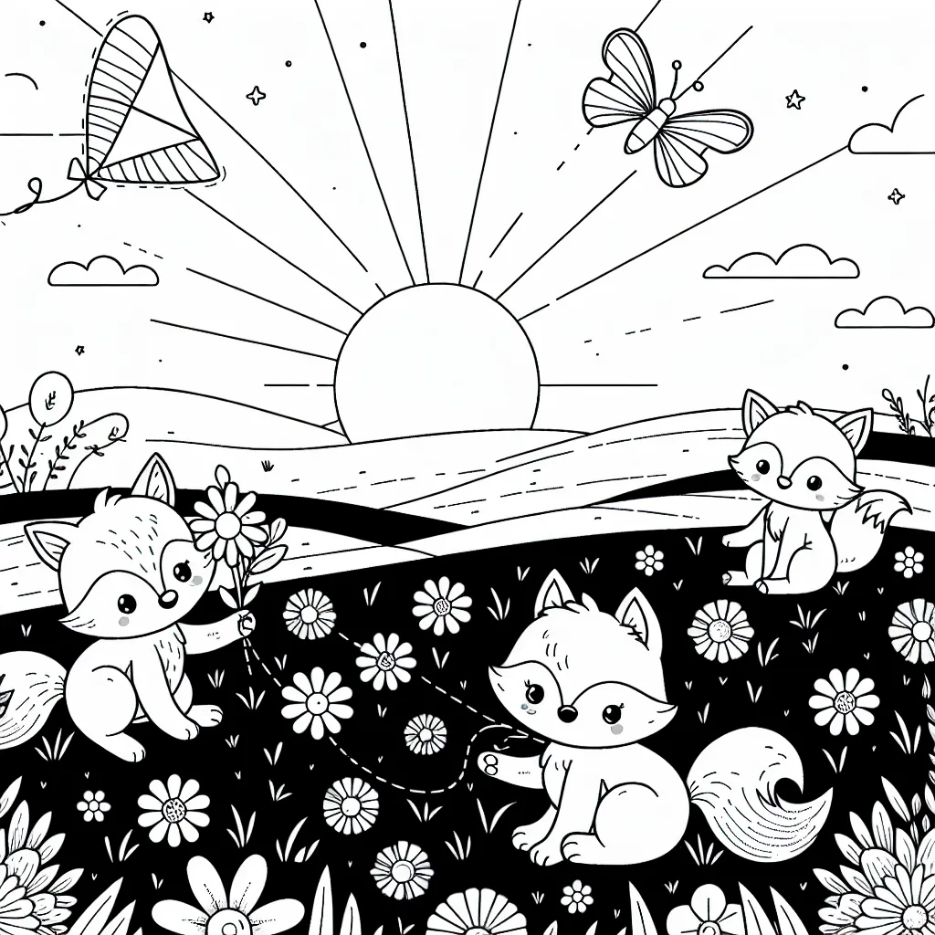 Dans ce dessin, trois petits renards jouent dans un champ de fleurs printanières pendant que le soleil se couche doucement en arrière-plan. L'un des renards tient un cerf-volant, le deuxième tente de sauter par-dessus une fleur et le troisième est assis dans l'herbe en regardant le coucher de soleil. A côté de eux, un papillon virevolte au-dessus des fleurs.