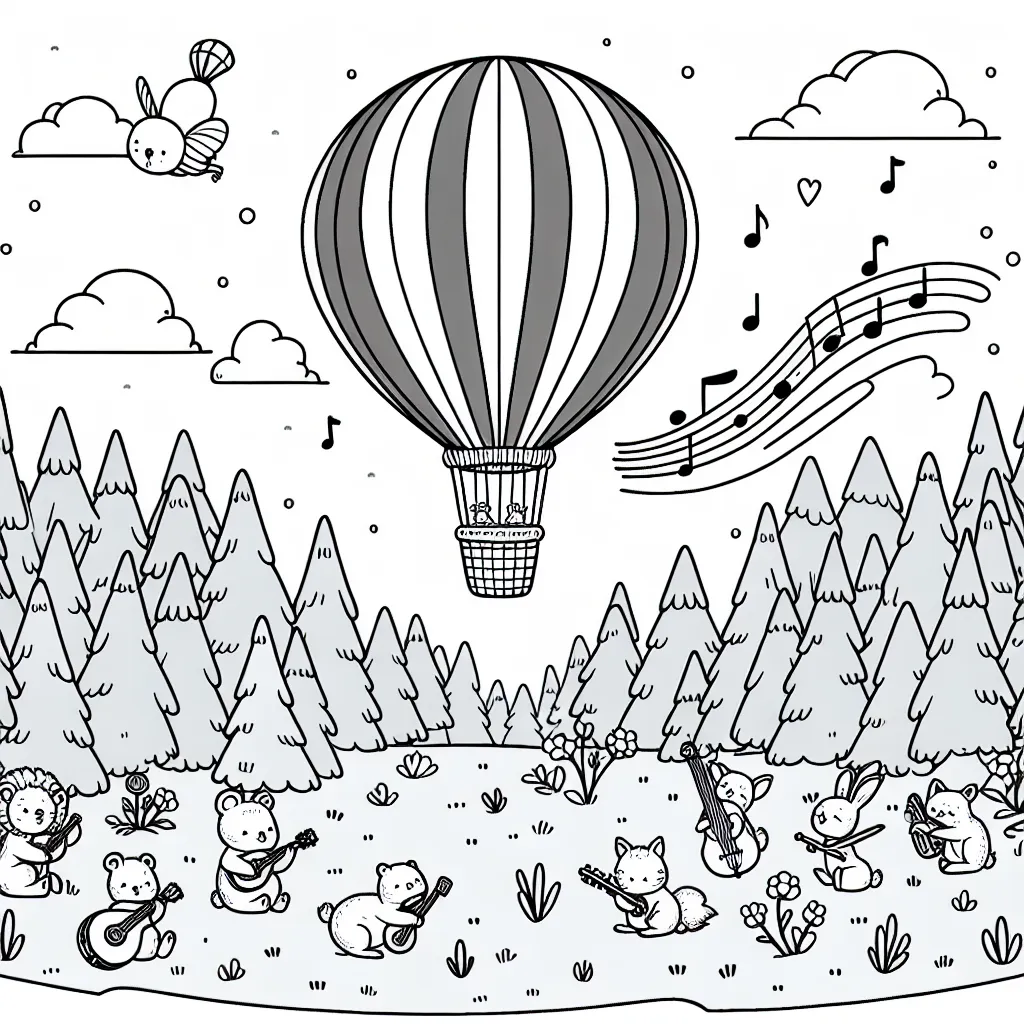 Dessine une montgolfière volant au-dessus d'une forêt enchantée avec des animaux qui jouent de la musique.
